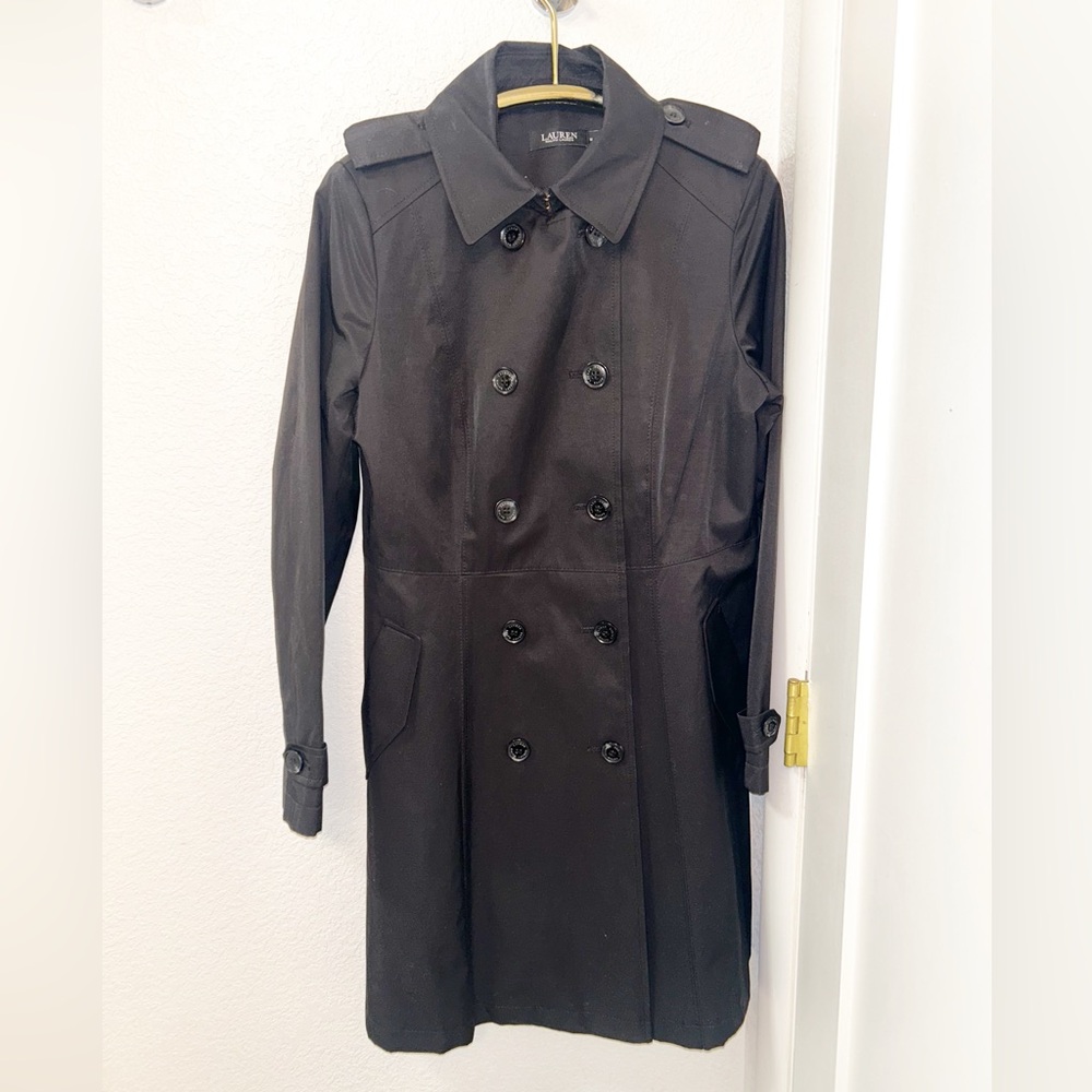 LAUREN Ralph Lauren The Split Needle Skirted Classic Black Trench Coat SZ: M
